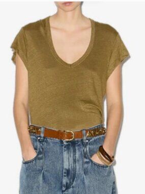 Isabel Marant Étoile Zankou Olive Green Deep V-Neck 100% Linen Tee
